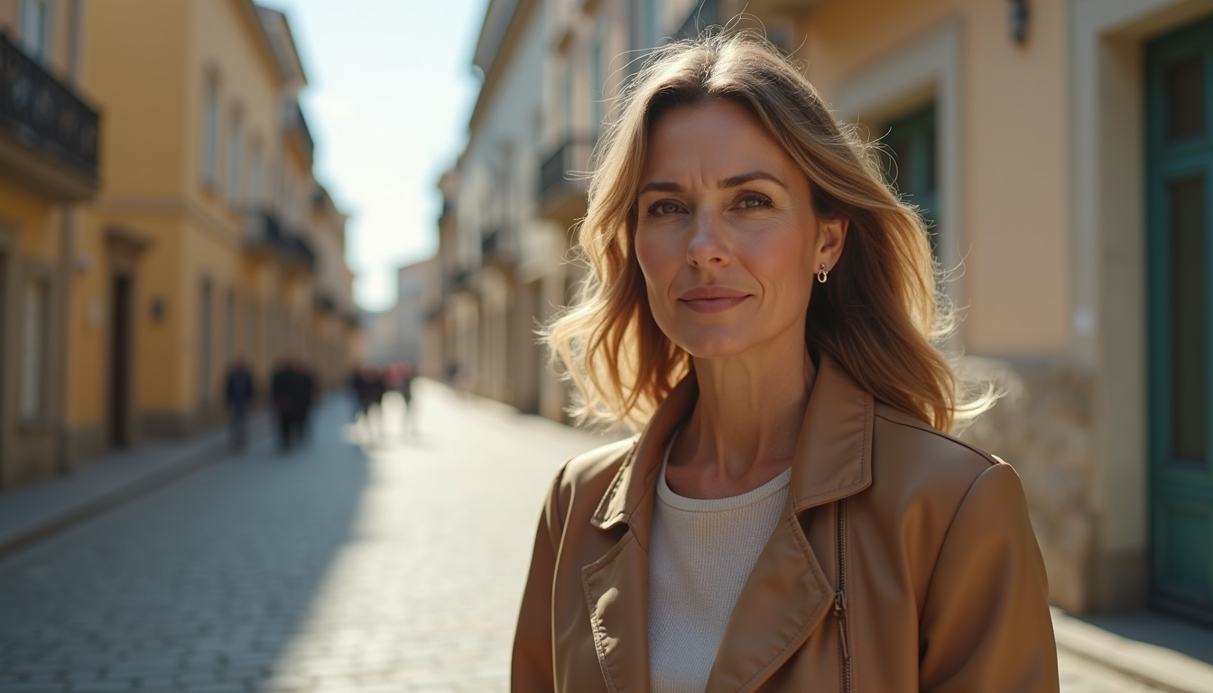 Eye-level view of a stylish mature woman posing outdoors