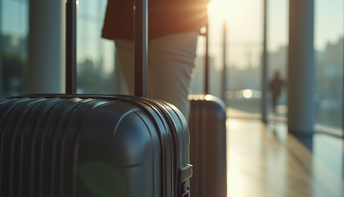 Close-up view of a model's suitcase packed for international travel