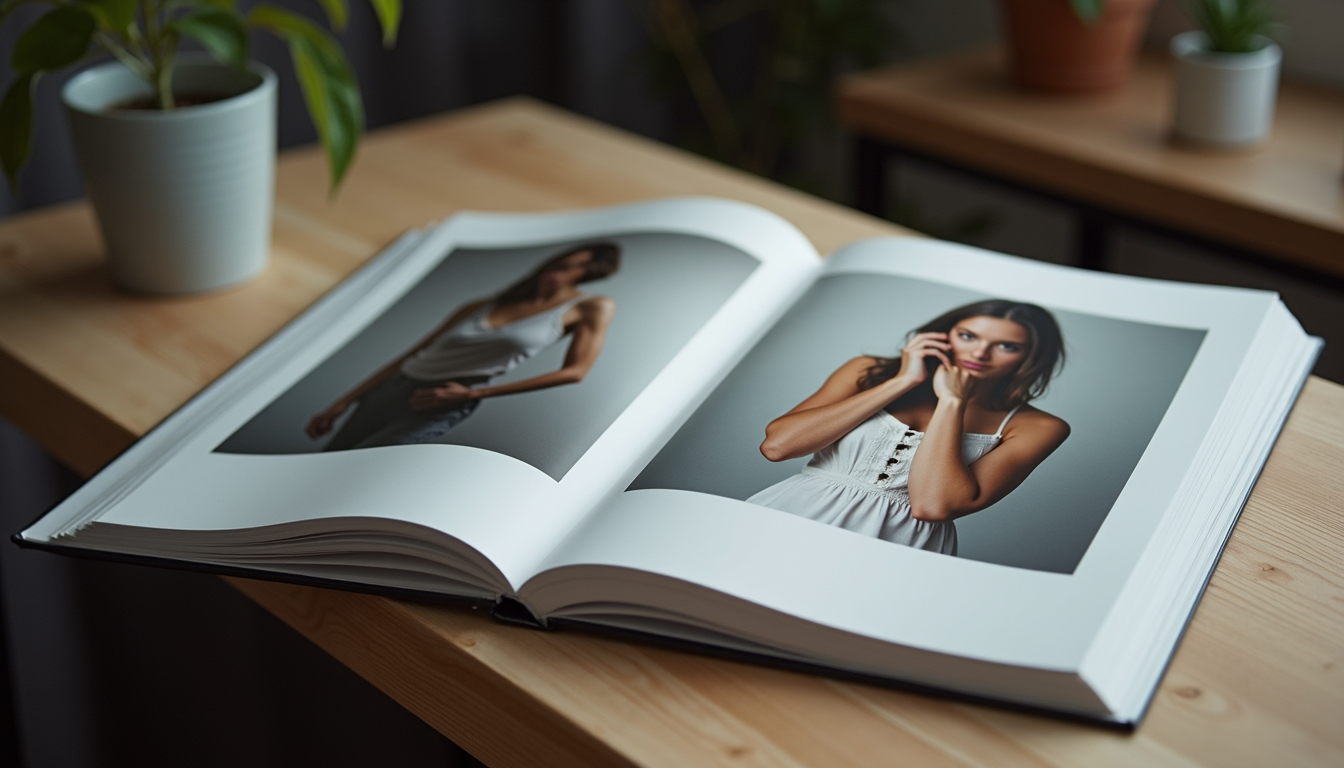 Close-up view of a model portfolio book with professional photos