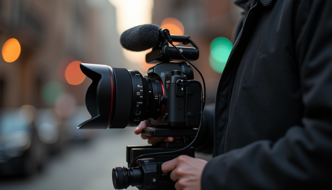 Close-up view of a professional camera setup during a model photoshoot